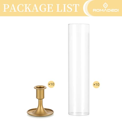 Romadedi Hurricane Candlestick Holders Gold - 10 Pcs Taper Candle Holders Bulk Tall Clear Glass Cylinder for Wedding Table Centerpieces Party Decor Birthday Christmas Home Decorations