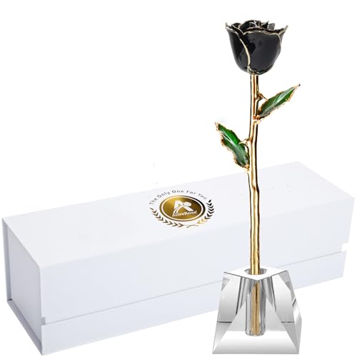 AliveRose Gold Dipped 24K Rose, 24K Gold Rose Made from Real Rose - Unique Design Gold Plated for Anniversary Valentines Mothers Day Birthday Gifts (Black Original with Crystal Vase) - color: 9. Black Original Rose With Crystal Vase