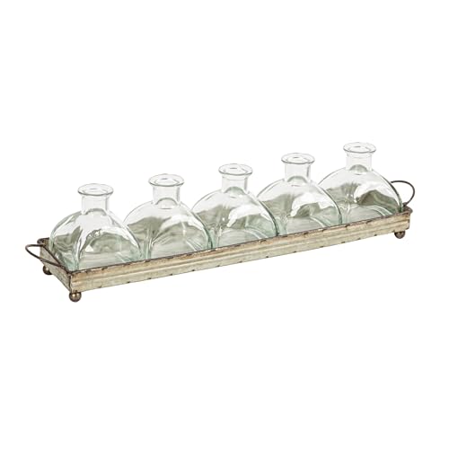 Creative Co-Op Decorative Iron Rectangle Tray with Handles & 5 Glass Vases