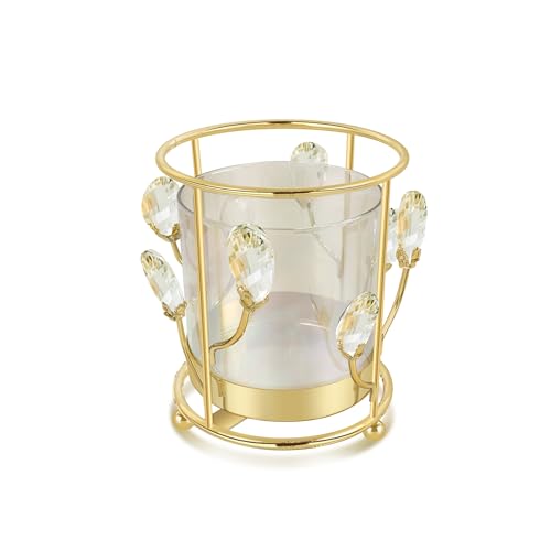 Hurricane Candle Holder, Gold Pillar with Crystal Accents & Windproof Glass Lid - Elegant Centerpiece for Weddings, Dinners, Party Decor - size: Large
