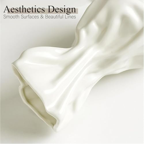 FOWSEEK 7.5IN White Ceramic Vase, Irregular Flower Vase Modern Art Decorative Vase for Flowers, Unique Paper Bag Vase for Home Office Centerpieces Entryway Bookshelf Living Room Table Decor - color: Cream Ceramic, size: Large