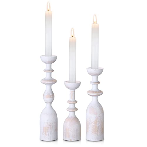HOWSILAY Wood Candle Holder Candlestick Holders for Table Centerpiece - Rustic Farmhouse Decor Candle Stand fits 3/4" or 7/8" Taper Candle&Dia 1.5" Led Tea Lights or Pillar Candles(White) - color: White