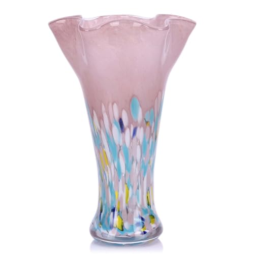 9.1H Murano Hand Blown Glass Vase, Ruffled Scalloped Rim Trumpet Shape, Wide Mouth Colorful Decorative Glass Vase, Sculptural Art Centerpiece for Living Room Table, Bathroom, Office Shelf (Blue-Pink) - color: Blue-pink