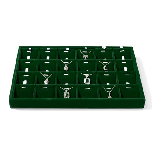 24 Grids Velvet Necklace Tray Necklace Holder Storage Jewelry Display Tray for Drawers With Removable Jewellery Cards for Bracelet Chain Pendant (Green) - size: 24 Grid with Inserts for Necklace