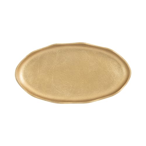 Kate and Laurel Alessia Modern Decorative Scalloped Oval Footed Metal Tray; 14 x 8; Gold; Transitional Food-Safe Cast Aluminum Pedestal Tray with Rough Texture and Deckled Edge - color: Gold