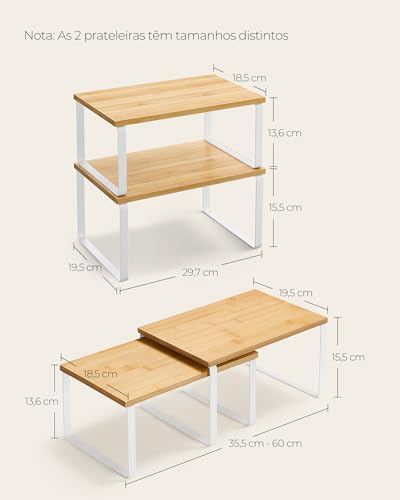 SONGMICS Cabinet Organizer Shelf, Set of 2 Kitchen Counter Shelves, Kitchen Storage, Spice Rack, Stackable, Expandable, Metal and Engineered Wood, Cloud White and Natural Beige UKCS02NW - color: Cloud White + Natural Beige, size: 11.7"W