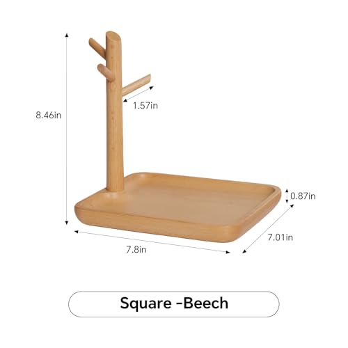 Solid Beech Wood Key Tray and Bowl for Entryway Table - Smooth Polished Branch-Shaped Organizer With Hooks for Keys, Wallet, Jewelry, Glasses (Beech, Square) - color: Beech, size: Square
