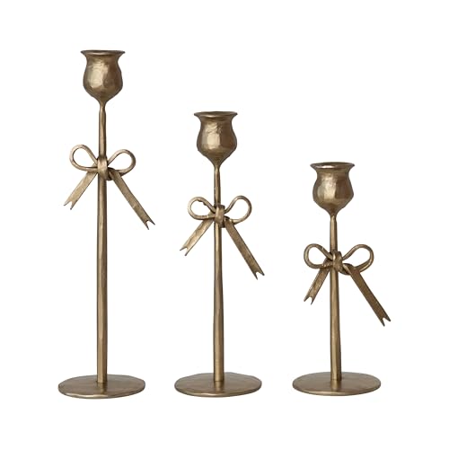 Creative Co-Op 3-Piece Hand-Forged Bow Shaped Metal Taper Candle Holders, Antique Gold Finish