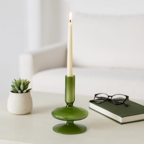 Glass Candle Holder - Taper Candle Holders and Candlestick Holders for Table Decor, for Living Room, Mantel, or Dining Table, Sculptural Disc and Sphere Design Home Decor Accent – 5", Green - color: Green, size: 5.0" H