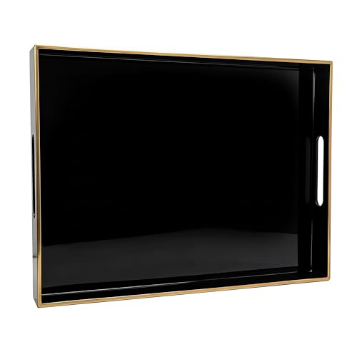 15.8" x 11.8" Black Plastic Serving Tray with Gold Trim and Handles, Decorative Rectangular Tray for Ottoman, Coffee Table, Kitchen Counter, Bathroom Vanity, Heavy-Duty & Easy to Clean - color: Black