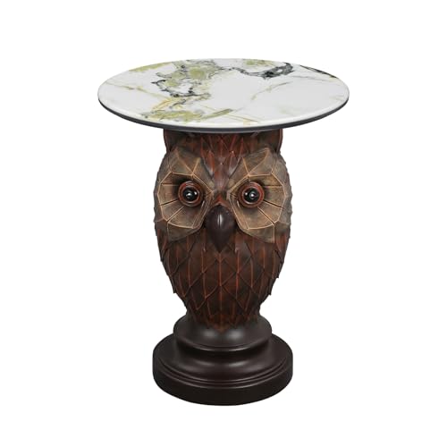 Owl Side Table, Round End Table with Faux Marble Top, Resin Owl Statue Base, Unique Animal Accent Table for Living Room, Bedroom, Nursery, Rustic Brown 22.83“ Tall 17.17" Height - style: OWL Table