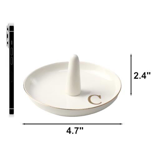 Ceramic Initials Jewelry Tray Ring Dish With Personalized C-Monogrammed Engagement Wedding Gifts, for Birthday Mother's Day for Women, Ceramic White 4.7" x2.4" - style: C