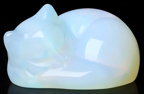QINJIEJIE Opalite Cat Crystals Decor Sleeping Cat Statue Healing Carved Stone Decor Polished White Opalite Gemstones Figurine Office Room Home Desk Lucky Cute Decor Opal Gifts for Women Men Cats Lover - color: E-white-opal, size: 1.5 inches