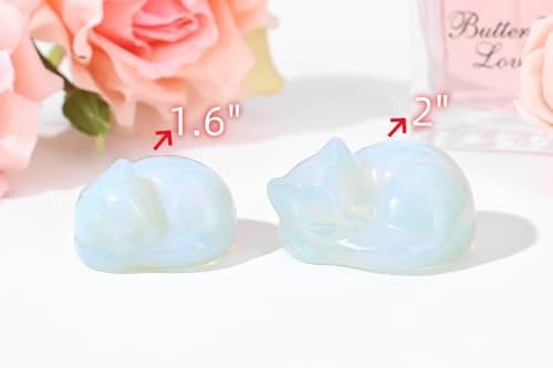 QINJIEJIE 2" Opal Cat Crystals Statue Decor Sleeping Figurines Opalite Stone Carved Polished White Gemstones Sculpture Office Desk Home Room Decor Cat Gifts for Mother Women Lover - color: E-white-opal, size: 2 inches