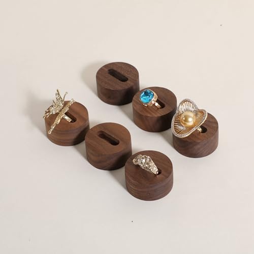 GemeShou 6pcs Wood Jewelry Ring Storage organizers, Retail ring display slot stand, Small walnut Jewelry ring holder tray for Girl Woman Room Decoration【Walnut-Round 6pcs】 - style: Circle