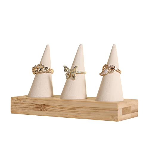 GemeShou Beige wood ring storage organizer, Velvet Jewelry ring display holder, Cute ring display stand for selling, wedding ring holder at nightstand【Beige with three cone】 - size: Medium