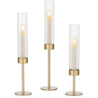 Garvee Gold Hurricane Candle Holders Set of 3, Taper Candlestick Holders with Ribbed Glass Cylinder Sleeves, Elegant Table Centerpiece for Wedding, Birthday, Christmas, Home Decor - size: 3