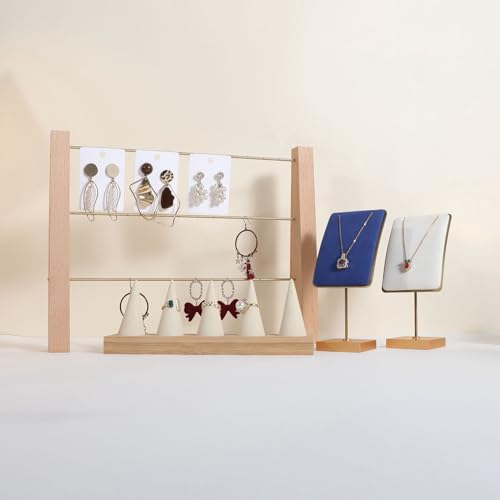 GemeShou Beige wood ring storage organizer, Velvet Jewelry ring display holder, Cute ring display stand for selling, wedding ring holder at nightstand【Beige with five cone】 - size: Large