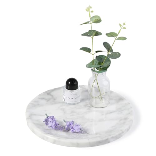 Natural Marble Decorative Tray for Bathroom Bedroom Kitchen Dresser, 11” Round Vanity Trays for Jewelry, Perfume, Cosmetic, Candle, Countertop Storage Organizer for Home Decor White, Arabescato - color: Arabescato, size: 10.9"