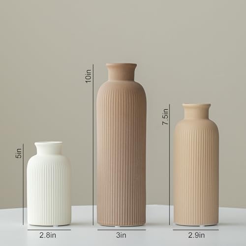 Modern Ceramic Vase Set, Earth Tone Natural Color Ribbed Matte Design, 3-Piece Decorative Vases for Home, Living Room, Office (Coffee Mix) - color: Coffee Mix