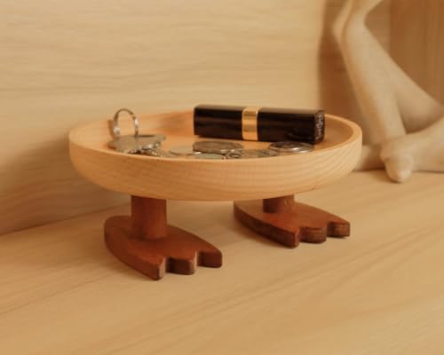 Wood Key Bowl for Entryway Table, Key Tray, Jewelry Tray, Valet Tray with 2 Cute Duck Feet, for Rings, Coins, Bracelets Watches - size: Round