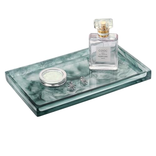 Emibele Bathroom Tray - Resin Countertop Vanity Tray with Jewelry Storage & Organizer for Candle, Plant, Perfume, Shampoo, Towel - Home Decor, Medium, Ink Green - color: Ink Blue, size: 10" x 6.1" x 0.8"