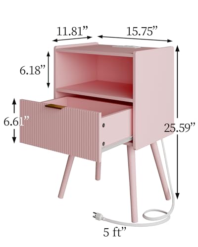 Veegle Nightstand,Modern Bedside Table with Storage Drawer and Open Wood Shelf, Accent Night Stand with Solid Wood Legs for Living Room, Bedroom and Small Spaces,Easy Assembly (Pink-Outlet) - color: Pink-outlet