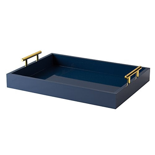 Kate and Laurel Lipton Decorative Tray with Polished Metal Handles, Navy Blue and Gold - color: Blue, size: 16.5" x 12.3" x 3.3"
