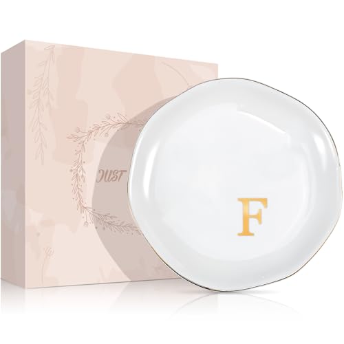 ProCase Ceramic Jewelry Tray, Initial Ring Dish Trinket Plate Engagement Gift, Small Personalized Monogram Ring Bowl for Wedding, White Decorative Jewelry Holder for Women Vanity -Letter F - style: F