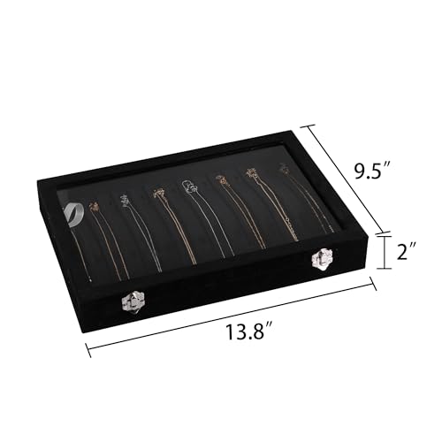 Frebeauty 15 Hooks Necklace Tray Velvet Neckalce Organizer with Clear Lid Lockable Necklace Holder Box Jewelry Organizer for Pendants Chains Necklace Jeweley Tray for Women Girls(Black) - color: Black
