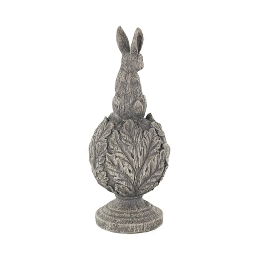 Deco 79 Polystone Rabbit Textured Sculpture with Leaf Covered Round Base, 8" x 8" x 20", Gray - size: 8" x 8" x 20"