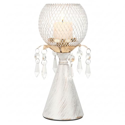 White Gold Metal Mesh Candle Holder with Crystal Pendants, 9.0" Decorative Pedestal Design, Diamond Globe Top, Matte Finish, Candlestick for Home and Holiday Decor & Valentine's Day - color: White