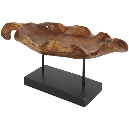 Deco 79 Teak Wood Leaf Decorative Sculpture Floating Home Decor Statue with Black Stand and Base, Accent Figurine 21" x 11" x 10", Brown