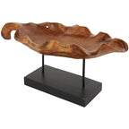 Deco 79 Teak Wood Leaf Decorative Sculpture Floating Home Decor Statue with Black Stand and Base, Accent Figurine 21" x 11" x 10", Brown