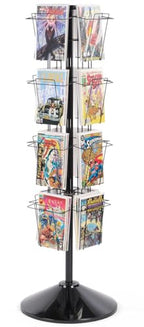 Displays2go 59" Tall Metal Wire Rotating Magazine Rack with 16 Pocket and Sign Holder - Black (WSFM416PB)