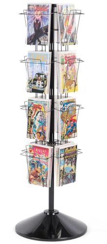 Displays2go 59" Tall Metal Wire Rotating Magazine Rack with 16 Pocket and Sign Holder - Black (WSFM416PB)