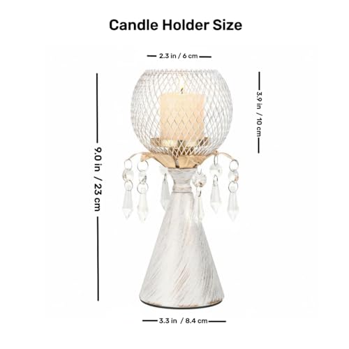White Gold Metal Mesh Candle Holder with Crystal Pendants, 9.0" Decorative Pedestal Design, Diamond Globe Top, Matte Finish, Candlestick for Home and Holiday Decor & Valentine's Day - color: White