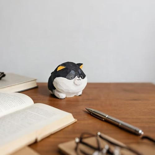 Hand Carved Black Shiba Inu Figurine with Round Wood Base – Cute Chubby Shiba Wooden Dog Statue, Handmade Desk Decor, Adorable Collectible Sculpture, Unique Gift for Dog Lovers & Pet Owners - color: Black Shiba Inu