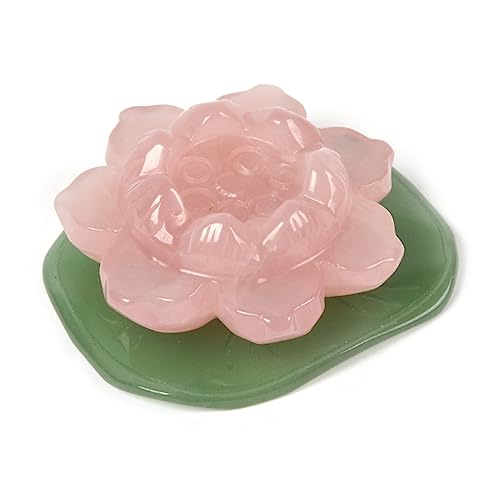Justinstones Carved Rose Quartz Gemstone Lotus Flower Green Aventurine Lotus Leaf Home Office Decor - color: Flower and Leaf