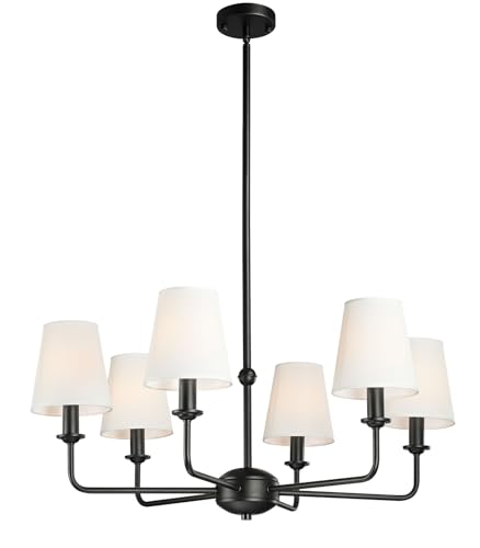 6-Light Black Pendant Chandelier with Fabric Shades, E12 Base - Farmhouse & Industrial Style for Kitchen, Living Room, Dining Room, or Bedroom Lighting - color: 6 Light+Black