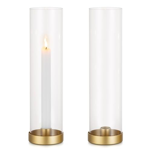 Romadedi Candlestick Candle Holders Hurricane Glass - 12 Inch Clear Gold Taper Candle Holders for Table Centerpiece Wedding Party Birthday Christmas Decor Home Decorations, Set of 2 - color: Gold
