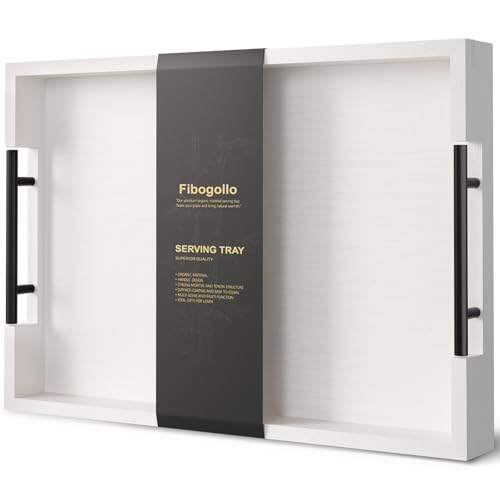 Fibogollo Bamboo Serving Tray with Metal Handles,17x12in Ottoman Decorative Trays Platter for Coffee Table,Living Room,Bar,Party,Large(White) - style: White-Large