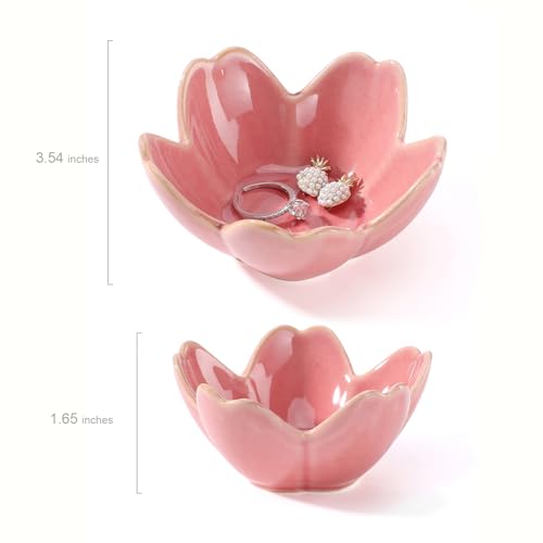 Pink Flower Ring Dish Holder,Jewelry Dish Tray,Small Trinket Tray,Jewelry Plate Bowl,Key Bowl,Decorative Plate,Mothers Day Birthday Gifts for Women Friends,Ceramic Kiln effect White - color: Kiln effect Pink