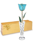 Forever Rose Hand-Dipped in 24K Gold, Aquamarine-Inspired March Birthstone with Sparkles, Real Rose in Luxury Gold Gift Box & Clear Glass Bud Vase – Perfect Ready for March Birthday or Any Occasion - color: March Aquamarine Sparkle