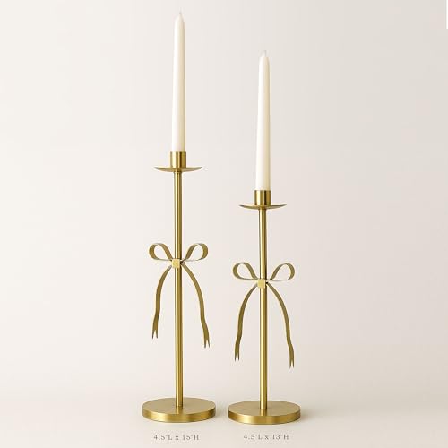 Gold Candle Holders Set of 2 Metal Taper Candle Stands with Bow Design, Modern Decorative Candlesticks for Dining Table, Wedding, Fireplace, Holiday & Christmas Decor - color: Gold