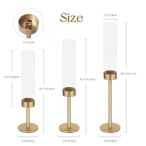 Ronasip Hurricane Candle Holders Set of 6, Matte Gold Metal Taper Candlestick Holders with Clear Glass Chimney Cylinder Tubes, Tall Candle Stands for Wedding, Christmas, Dining Table Centerpiece Decor