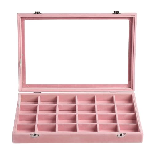 Frebeauty Velvet Jewelry Tray,24 Grid Jewelry Organizer with Clear Lid,Earring Holder Organizer with Clasp,Drawer Insert Rings Pendants Brooches,13.8 x 9.5 x 2 Inches,Gift for Women(Pink) - color: Pink, size: 24 Grid