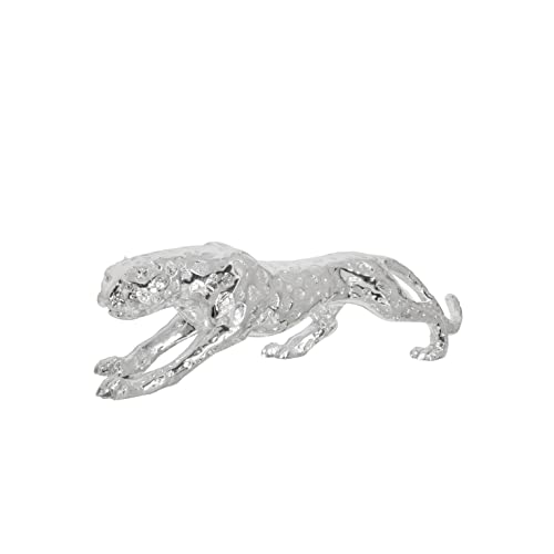 Standing Gilt Leopard Statue, Prowling Pose, Hand-Cast Ceramic/Resin, 22 Inches Long, Silver