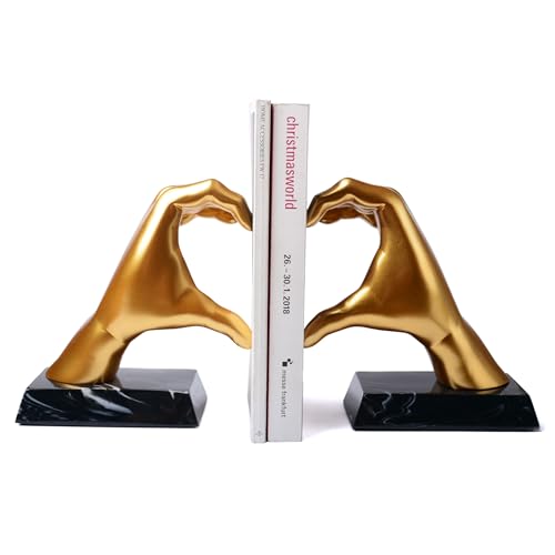 HAUCOZE Decorative Book Ends Heart Hand Statue Sculpture Modern Home Decor Table Centerpiece Gift for Office Bookshelf Gold 12.2 Inch - color: Gold
