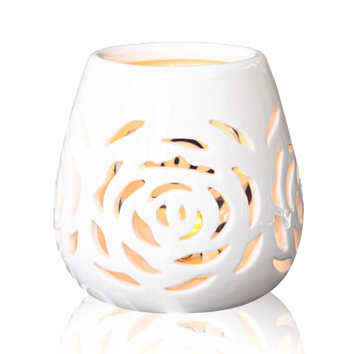 White Ceramic Rose Hollow Candle Holder – Creative Aromatherapy Essential Oil Burner, Wax Melt Diffuser & Tealight Candle Holder for Home Bedroom Decor, Perfect Christmas & Housewarming Gift
